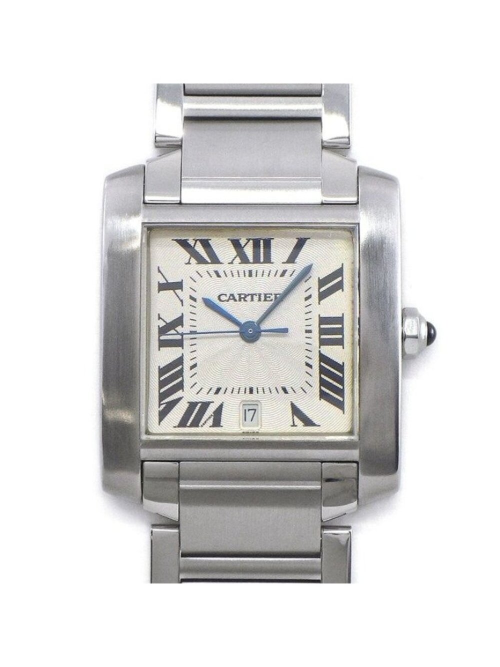 Cartier Watch Tank Francaise LM Date Square Guilloche Silver Dial SS Automatic